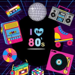 Image rétro 'I Love the 80s' avec un lecteur CD, une boule disco, une cassette, un rubik's cube, un walkman, des rollers, un tourne-disque sur fond violet avec des lignes bleues et 'I Love the 80s' au centre.