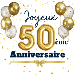 Image d'anniversaire 50 ans avec des ballons dorés en forme du chiffre 5 et 0, des ballons transparents remplis de confettis, et des confettis en arrière-plan sur fond blanc. Texte en français 'Joyeux 50ème anniversaire'.