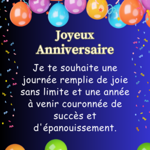 Carte virtuelle pour anniversaire avec le message 'Je te souhaite une journée remplie de joie sans limite et une année à venir couronnée de succès et d'épanouissement.' Le fond est un dégradé de bleu, décoré de confettis colorés et de ballons flottants, créant une ambiance festive et joyeuse